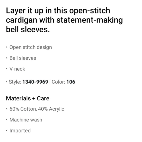 ⚡️SALE⚡️🆕️NWT AE Bell Sleeve Cardigan in 'Cream', Size Medium - Picture 7 of 8